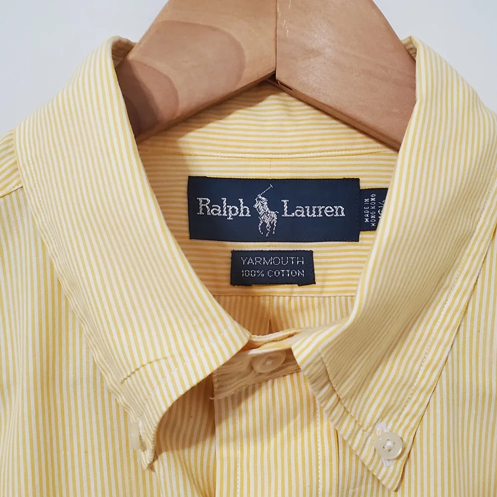 Ralph Lauren Yarmouth Yellow Striped Button Down Shirt 16.5 Neck - Picture 3 of 8